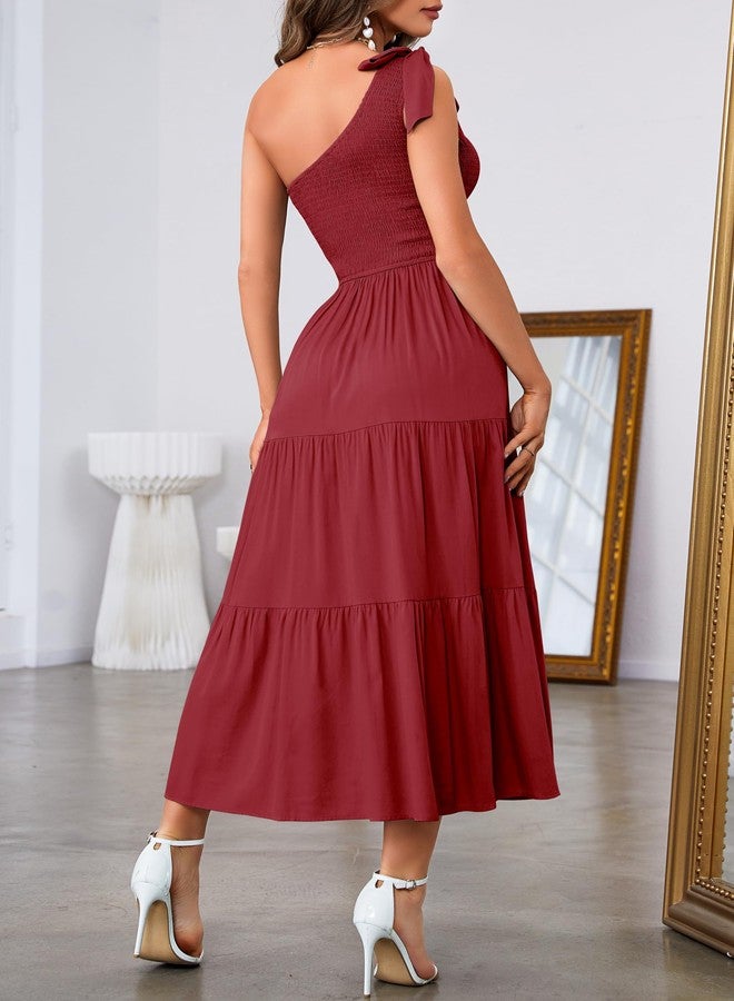 MEROKEETY Women's Summer One Shoulder Sleeveless Knot Smocked Midi Dress Split Tiered Flowy Dresses, Wine, S - Image 4